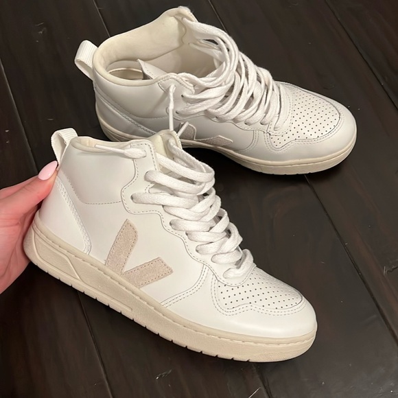 Veja V15 Mixed Leather Mid-Top Sneakers - Picture 1 of 3